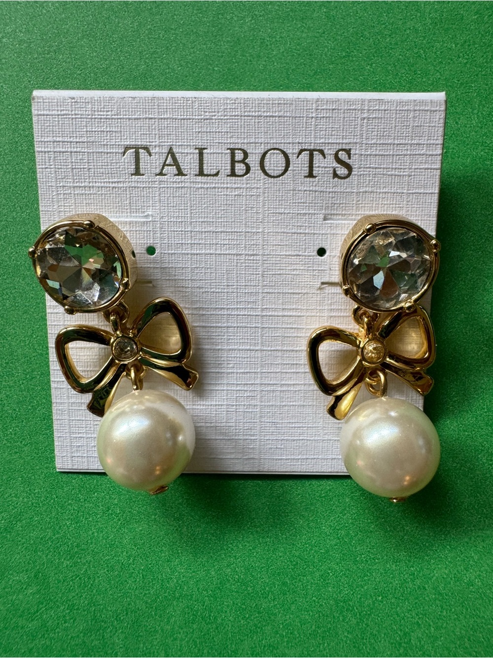 Talbots Gold Bow Earrings with Crystal and Pearl Drops
